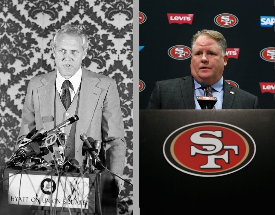 Bill Walsh and Chip Kelly speak to the San Francisco press after announcements that they would take over as head coach for the 49ers in their respective eras