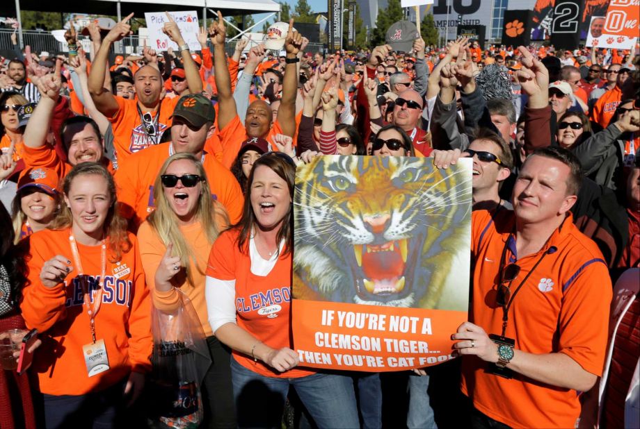 Clemson fans rally outside University of Phoenix Stadium before the NCAA college football playoff championship game against Alabama Monday Jan. 11 2016 in Glendale Ariz