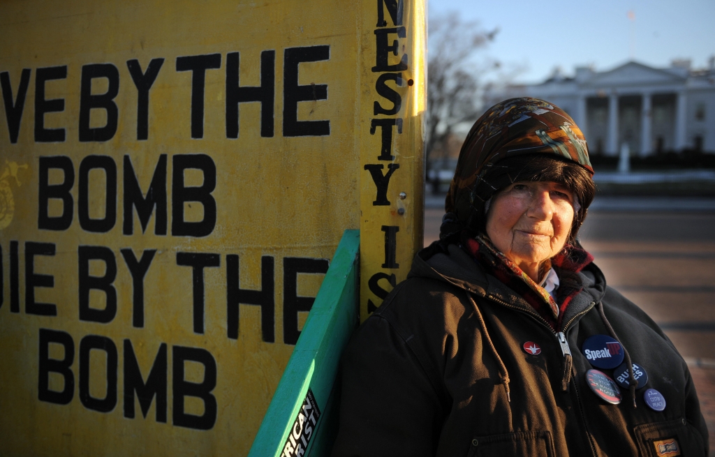 Concepcion Picciotto who carried out a protest vigil that lasted decades has died. She's seen here in 2009 across the street from the White House