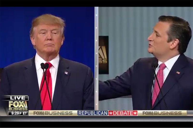 Republican U.S. presidential candidates Donald Trump and Ted Cruz at the Fox Business Network Republican presidential candidates debate in North Charleston South Carolina on Jan. 14 2016