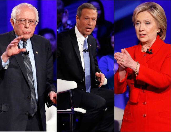 Democratic presidential candidates from left Sen. Bernie Sanders I-Vt, former Maryland Gov. Martin O'Malley and former Secretary of State Hillary Clinton