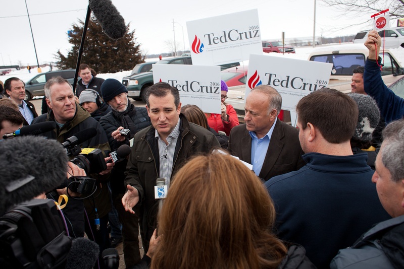 U.S. Sen. Ted Cruz speaks to members of the press before a campaign speech at Kings Christian Bookstore in Boone Iowa on Jan. 4 2016. Cruz kicked off a six-day 28-county bus tour across Iowa in a push to reach out to voters before the state's firs