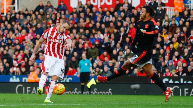 Marko Arnautovic scores Stoke City's second goal in a 2-0 victory over Manchester United
