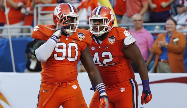 Dec 31 2015 Miami Gardens FL USA Clemson Tigers defensive end Shaq Lawson and defensive lineman Christian Wilkins react after a sack against the Oklahoma Sooners in the first quarter of the 2015 CFP Semifinal at the Orange Bowl at Sun Life