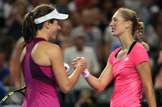 Johanna Konta left of Britain is congratulated by Denisa Allertova of the Czech Republic after winning their third round match at the Australian Open tennis championships in Melbourne Australia Saturday Jan. 23 2016