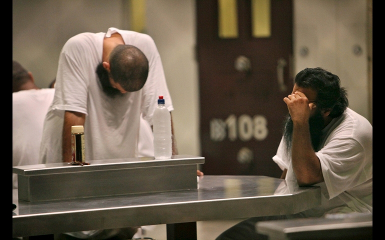 Detainees are seen inside the Camp 6 detention facility in 2009 at Guantanamo Bay U.S. Naval Base in Cuba