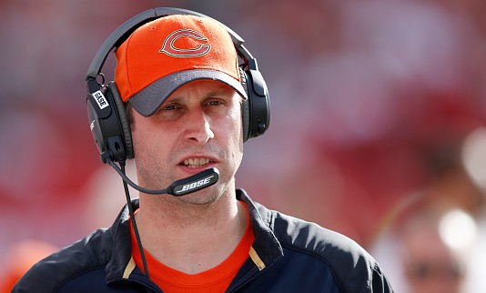 Offensive coordinator Adam Gase of the Chicago Bears looks on against the Tampa Bay Buccaneers during the game at Raymond James Stadium