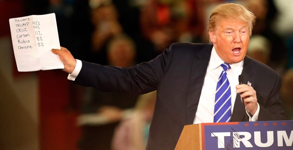 Republican presidential candidate Donald Trump shows off recent poll numbers during a campaign stop Tuesday Jan. 5 2016 in Claremont N.H