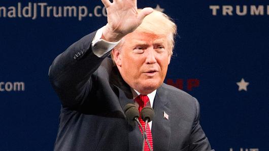 Republican presidential frontrunner Donald Trump on stage during his event at the Flynn Center for the Performing Arts