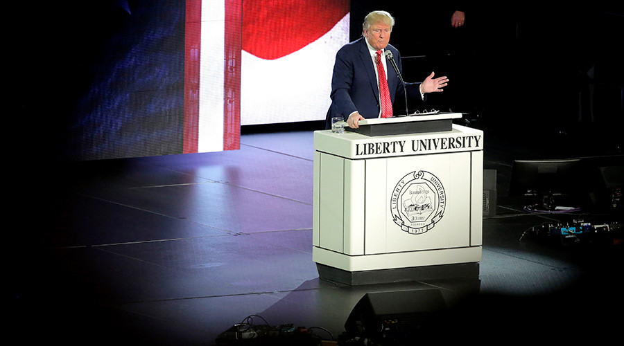 Donald Trump speaks at Liberty University in Lynchburg Virginia