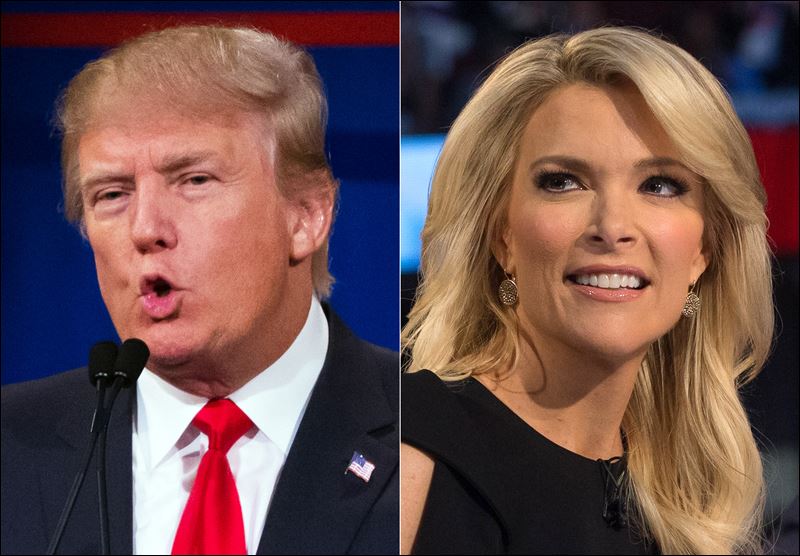 Republican presidential candidate Donald Trump left and Fox News Channel host and moderator Megyn Kelly