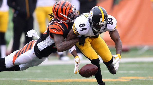 Dre Kirkpatrick #27 of the Cincinnati Bengals breaks up a pass intended for Antonio Brown #84 of the Pittsburgh Steelers