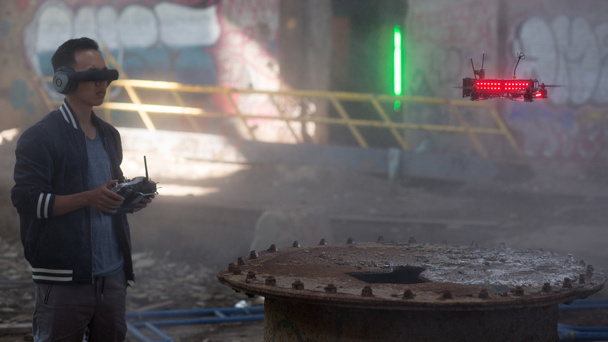 Drone Racing League     A pilot wears “first-person view” goggles which allow him to see what the drone’s camera is seeing