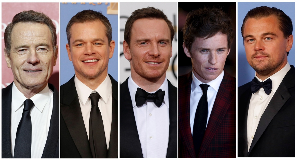 Best Actor nominees Bryan Cranston Matt Damon Michael Fassbender Eddie Redmayne and Leonardo DiCaprio