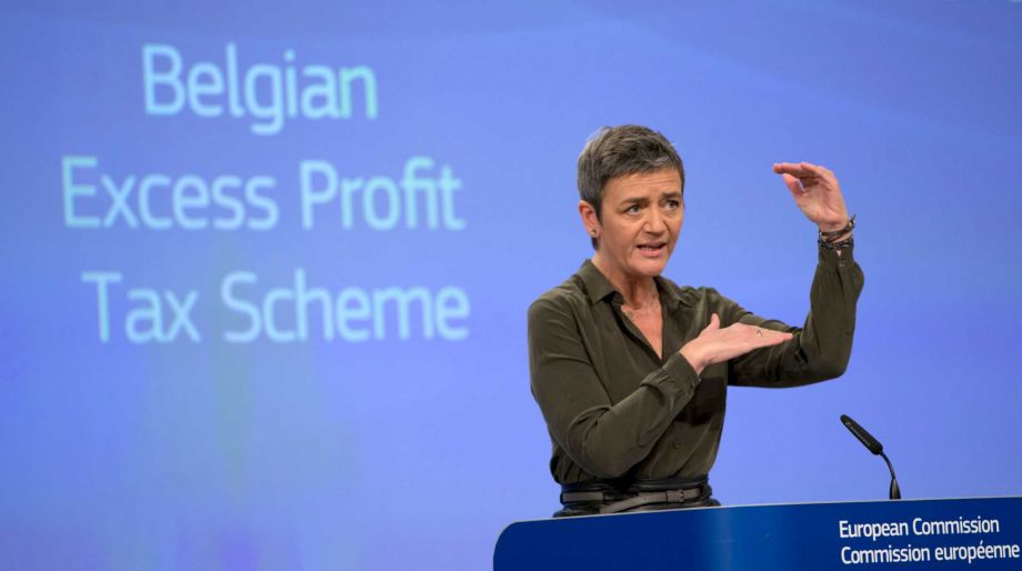 European Union Commissioner for Competition Margrethe Vestager speaks during a media conference on a state aid ruling at EU headquarters in Brussels on Monday Jan. 11 2016. The European Union has ordered Belgium to recover some 760 million US dollars