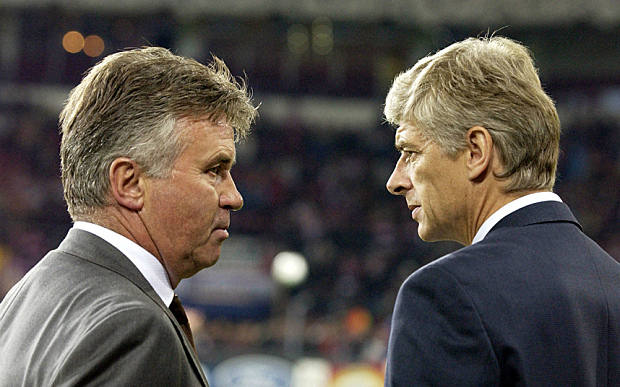 Face off Then PSV coach Guus Hiddink and Arsenal coach Arsene Wenger meet in the Champions League in 2002