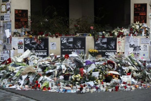 Flowers left at the scene of the Charlie Hebdo attack