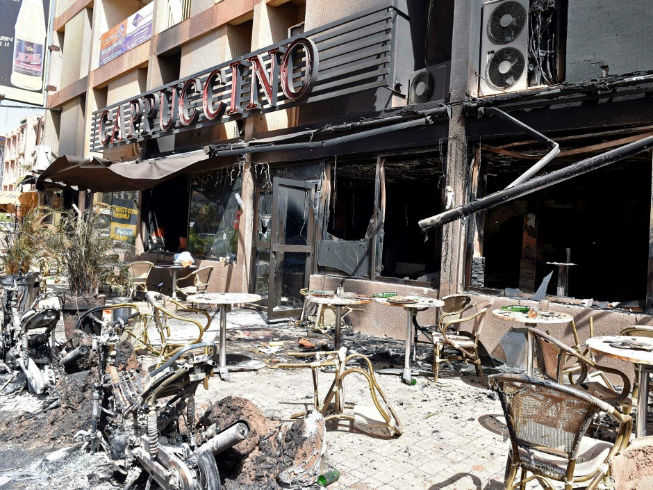 The damage outside the Cappuccino cafe in Ouagadougou Burkina Faso following a jihadist attack by Al Qaeda in the Islamic Maghreb