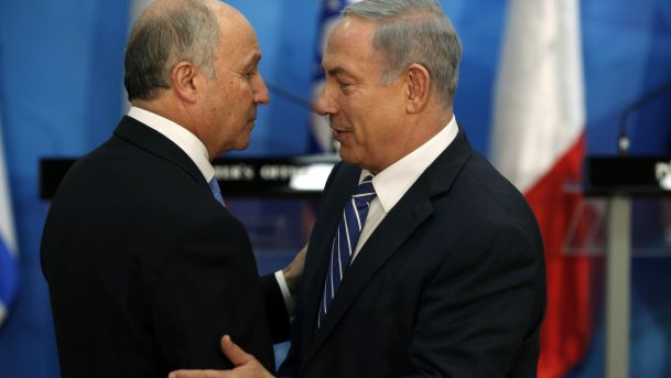 French Foreign Minister Laurent Fabius with Prime Minister Benjamin Netanyahu ahead of their meeting