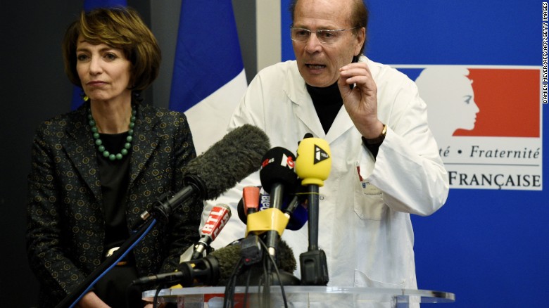 French Social Affairs and Health Minister Marisol Touraine and professor Gilles Edan hold a news conference Friday