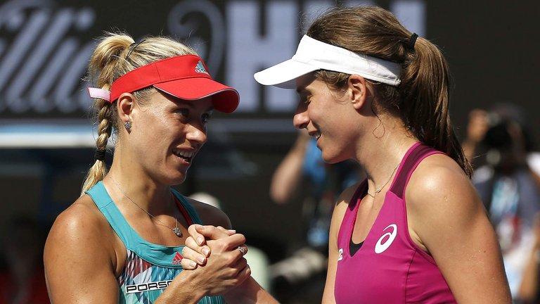 Germany's Angelique Kerber and Britain's Johanna Konta shake hands