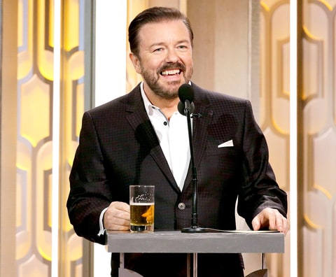 Ricky Gervais speaks onstage during the 73rd Annual Golden Globe Awards