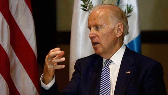 U.S. Vice President Joe Biden right speaks during a meeting with Guatemala's president-elect Jimmy Morales in Guatemala City Thursday Jan 14 2016. Biden is on a one day trip to attend Morales&#039 presidential inauguration. (AP