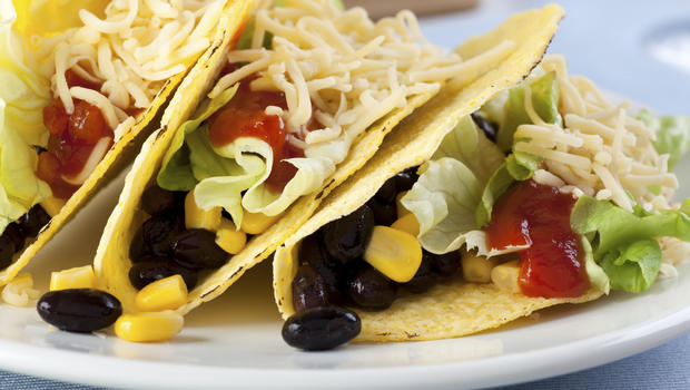 Homemade vegetarian tacos with black beans and sweet corn