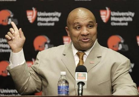 Cleveland Browns head coach Hue Jackson answers questions during a news conference Wednesday Jan. 13 2016 in Berea Ohio. Jackson has experience as a head coach knows the AFC North and has fixed quarterbacks. Jackson who waited four years for his