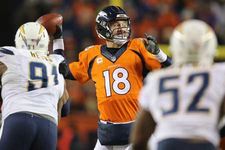 Quarterback Peyton Manning No.18 of the Denver Broncos delivers a pass against the San Diego Chargers at Sports Authority Field at Mile High on Monday in Denver Colorado. AFP