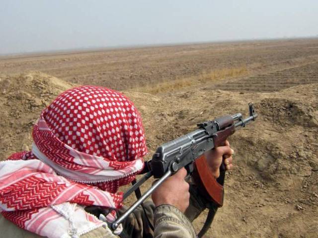 An anti Qaeda 'Awakening&#039 group fighter scans an area outside a village on the southern outskirts of the Diyala provincial capital Baquba northeast of Baghdad