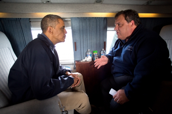 President Barack Obama and New Jersey Gov. Chris Christie talk as they fly over the coast of New Jersey on Marine One Oct. 31 2012