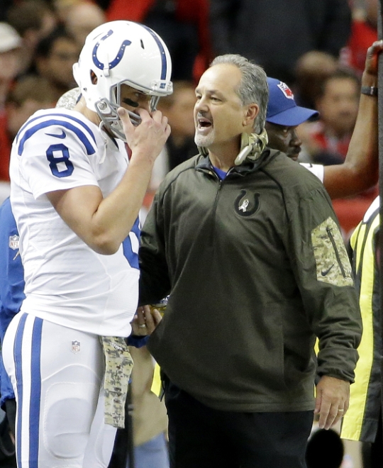 Indianapolis Colts coach Chuck Pagano right talks with quarterback Matt Hasselbeck earlier this season