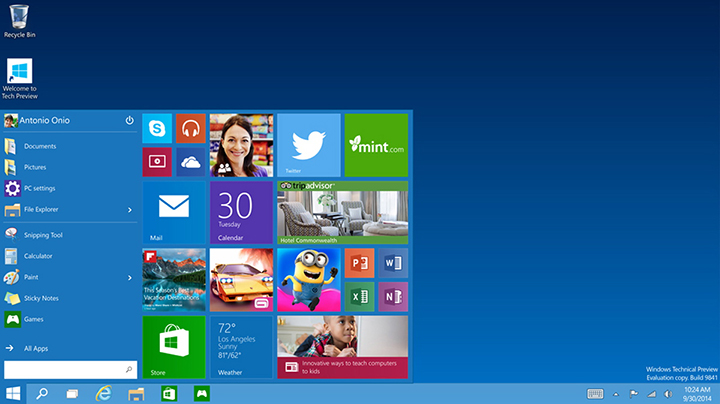 This image provided by Microsoft shows the start menu of Windows 10 the company's next version of its flagship operating system