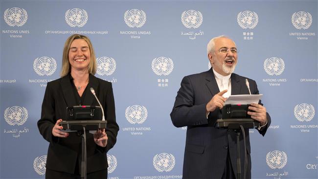 Iran’s Foreign Minister Mohammad Javad Zarif and EU foreign policy chief Federica Mogherini hold a press conference at the International Atomic Energy Agency headquarters in Vienna Austria