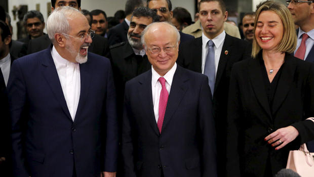 Iranian Foreign Minister Mohammad Javad Zarif left International Atomic Energy Agency Director General Yukiya Amano and the High Representative of the European Union for Foreign Affairs and Security Policy Federica Mogherini arrive at the United