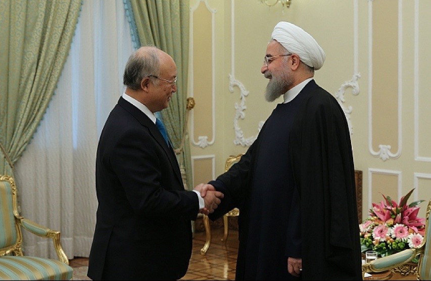 Iranian President Hassan Rouhani with the director general of the International Atomic Energy Agency Yukiya Amano
