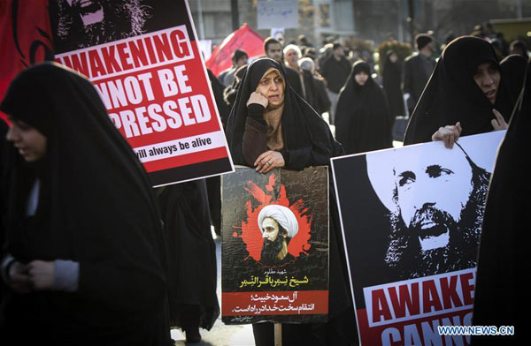 TEHRAN Jan. 5 2016 - People take part in a demonstration against Saudi Arabia in Tehran Iran Jan. 4 2016. A demonstration was held on Monday in Tehran to protest against Saudi Arabia's execution of Baqer al-Nimr a prominent Shia scho