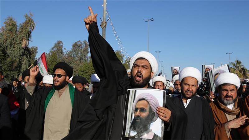 Iraqi Shia protesters chanted slogans against the Saudi government as they held posters showing the executed cleric Nimr al Nimr