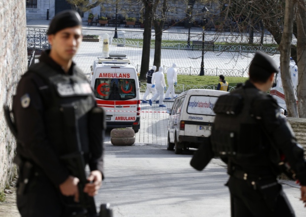 Police officers on the scene in the Sultanahmet district after the explosion