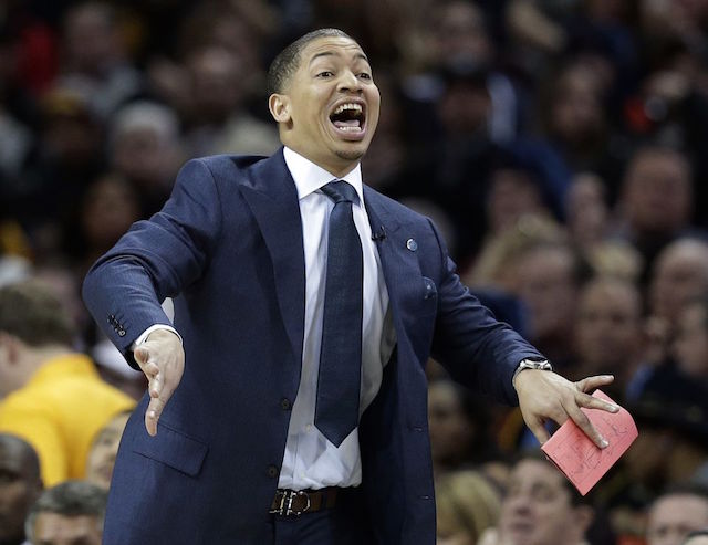 Cleveland Cavaliers head coach Tyronn Lue yells to players in the first half of an NBA basketball game against the Chicago Bulls Saturday Jan. 23 2016 in Cleveland. AP