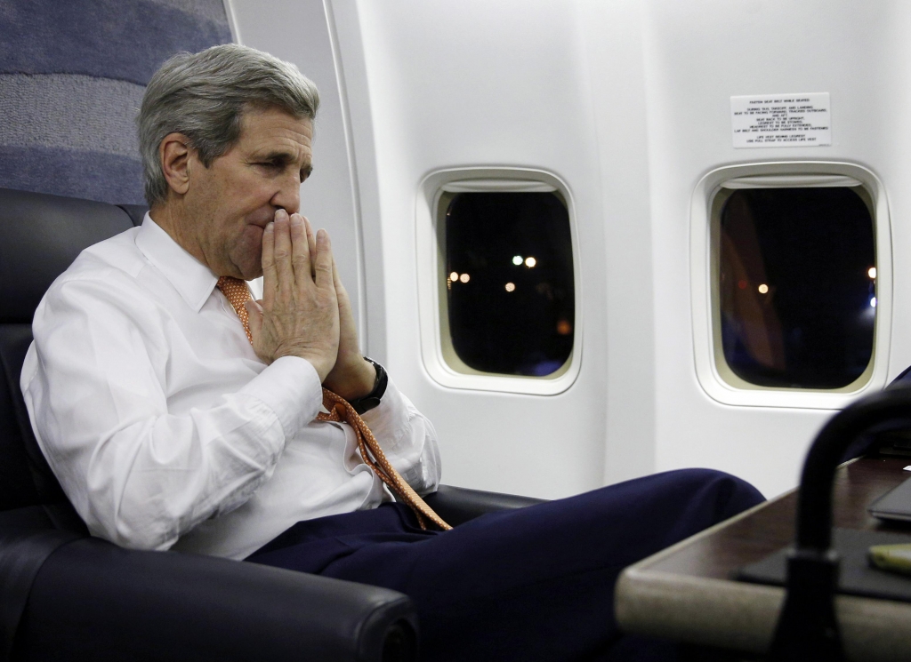 U.S. Secretary of State John Kerry speaks to journalists about his negotiations with Iran upon his arrival from Vienna at Andrews Air Force Base Md. on Sunday