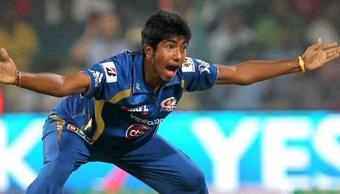 Jasprit Bumrah apeals for a wicket during an IPL match