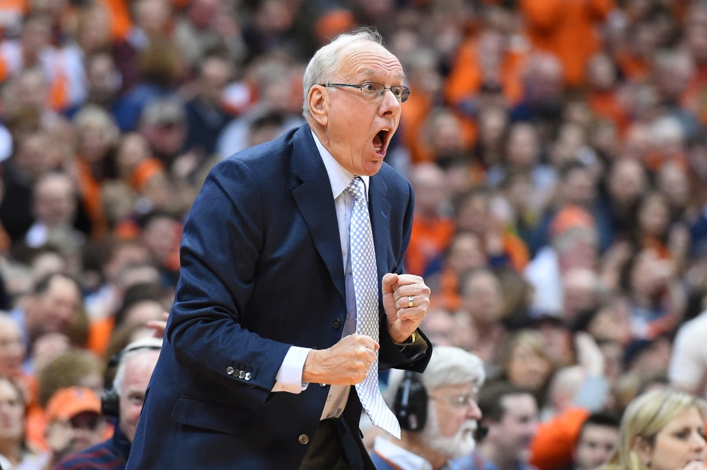 Jan 28 2016 Syracuse NY USA Syracuse Orange head coach Jim Boeheim reacts from the sidelines against the Notre Dame Fighting Irish during the first half at the Carrier Dome. Mandatory Credit Rich Barnes-USA TODAY Sports