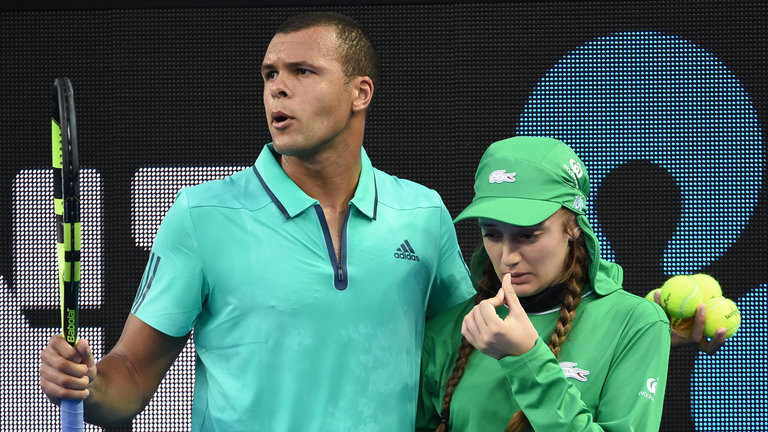 Jo-Wilfried Tsonga calls for help during his third round match