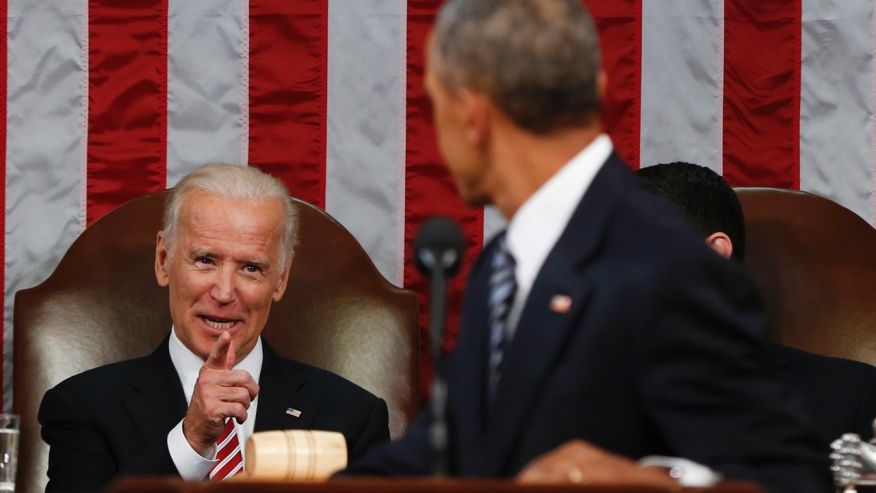 Jan. 12 2016 Vice President Joe Biden points at President Barack Obama during the State of the Union address to a joint session of Congress on Capitol Hill in Washington