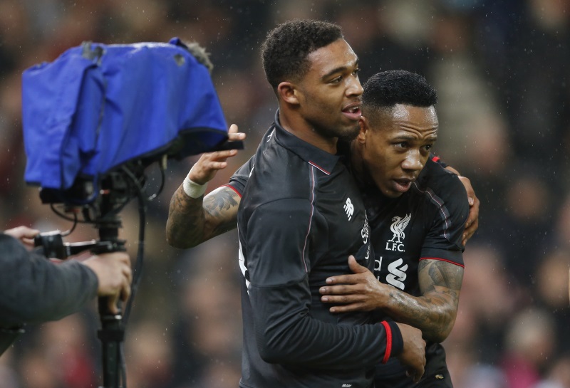 Jordan Ibe and Nathaniel Clyne celebrate after Ibe's goal during Liverpool's win