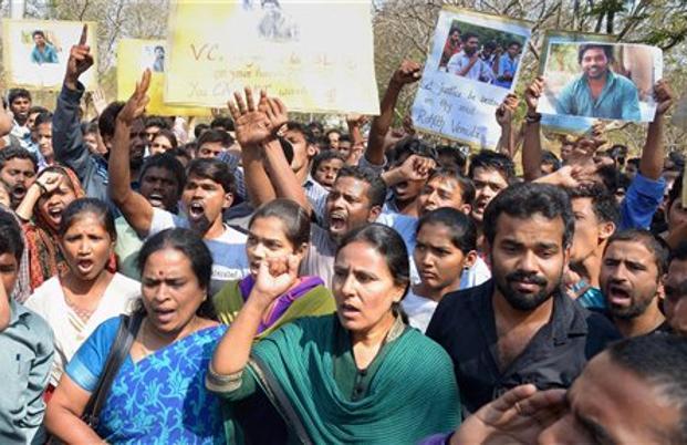 Students staging a protest over the death of Rohith Vemula a doctorate student at the Hyderabad Central University who was found hanging in a hostel room in Hyderabad on Monday