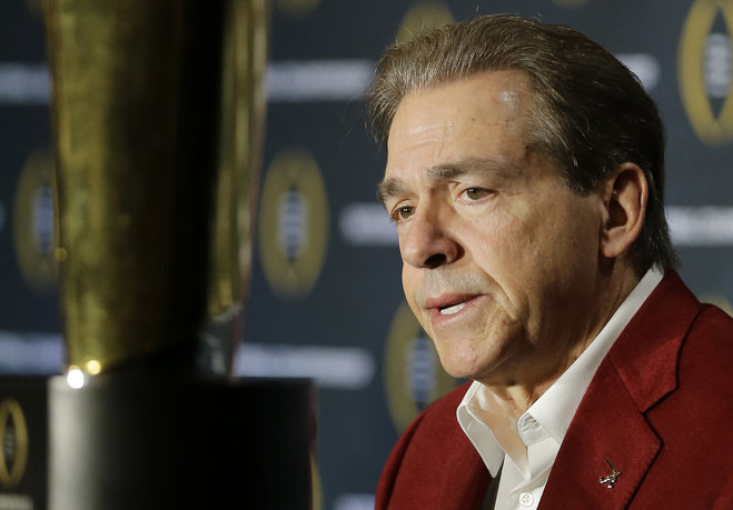 Alabama head coach Nick Saban speaks during a news conference for the NCAA college football playoff championship Tuesday Jan. 12 2016 in Scottsdale Ariz. Alabama beat Clemson 45-40 to win the championship