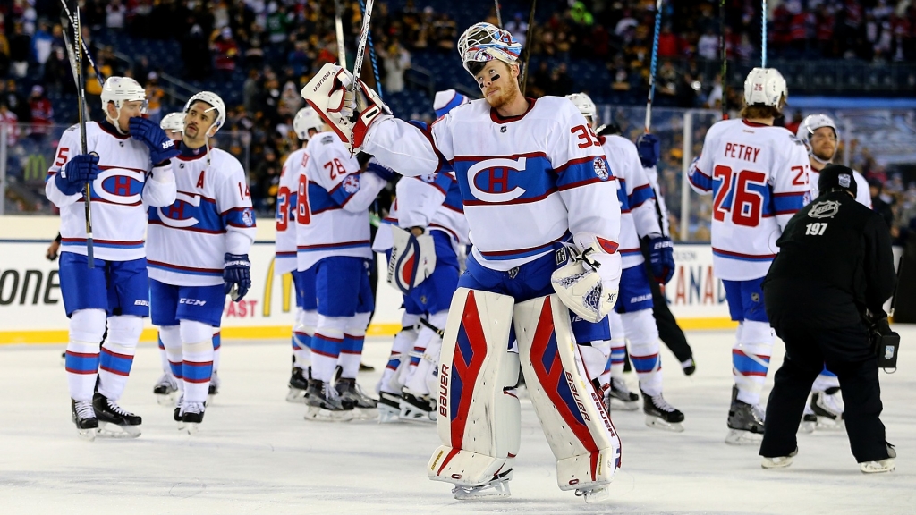 FOXBORO MA- JANUARY 01 Mike Condon #39 of the Montreal Canadiens celebrates after defeating the Boston Bruins during the 2016 Bridgestone NHL Winter Classic at Gillette Stadium